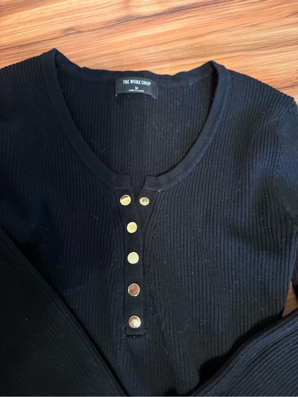 The Workshop Black Ribbed Henley with Gold Buttons